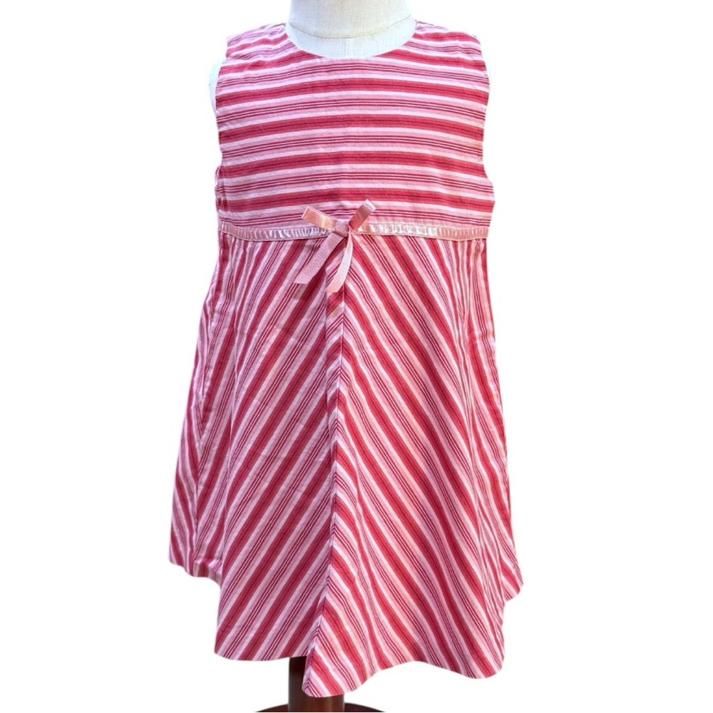 Vintage Baby Gap Y2K Pink Striped Empire Waist Dress Bow Detail Toddler 2 Years